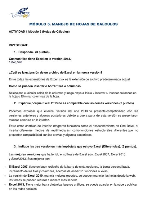 Actividad 1 Modulo 5 MDULO 5 MANEJO DE HOJAS DE CALCULOS ACTIVIDAD