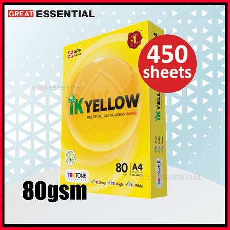 Ik Yellow 80gsm A4 Paper 1 Carton Box 1ream 10 Reams 450 Sheets