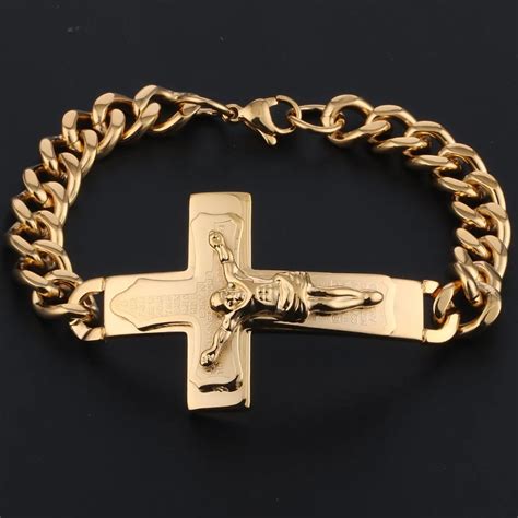 Mens Catholic Stainless Steel Cuban Link Chain Bracelet Crucifix Bible