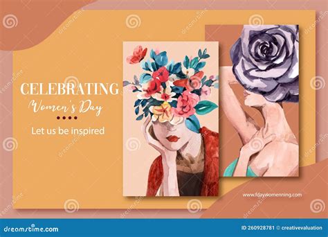 Women Day Frame Design With Rose Leaf Watercolor Illustration Stock