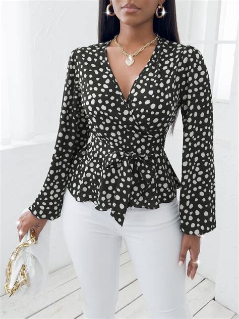 SHEIN Privé Random Dalmatian Print Lantern Sleeve Belted Blouse SHEIN USA