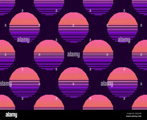 Pixel art 80s sunset seamless pattern. 8-bit sun synthwave and ...