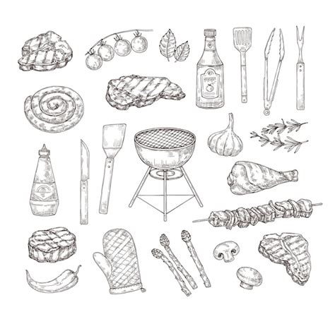 Premium Vector Sketch Grill Food Bbq Tools Sauces And Meat Hand Drawn