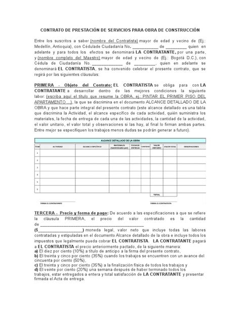 Contrato De Prestación De Servicios Para Obra De Construcción Pagos