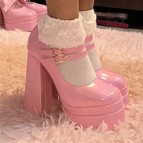 Pink Platform Mary Jane Heels With Cute Lace Socks Cute Shoes Heels