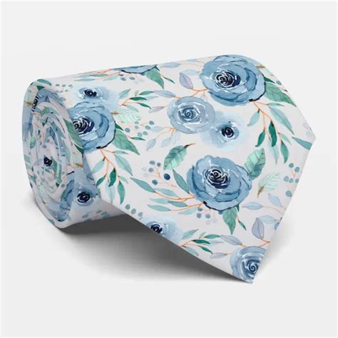 White Dusty Blue Watercolor Floral Pattern Wedding Neck Tie Zazzle