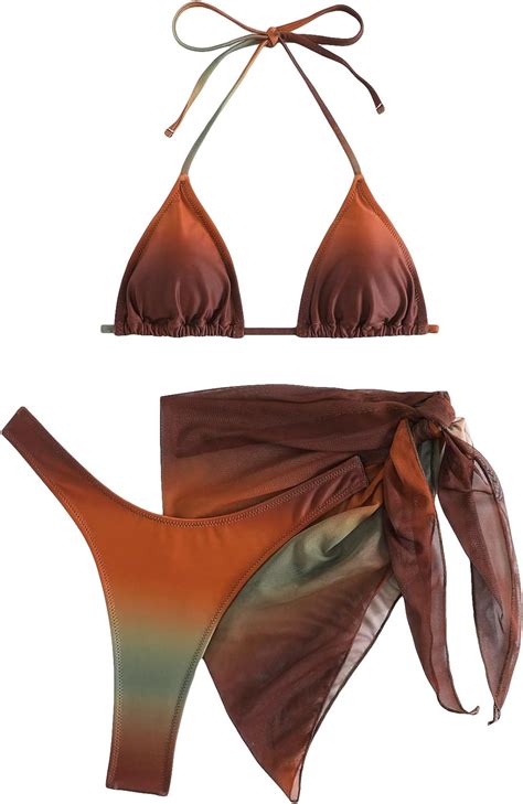 GORGLITTER Women S 3 Piece Swimsuits Triangle Bikini Set With Mesh Cover Up Beach Skirt At