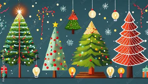 Set Of Cartoon Christmas Trees Pines For Greeting Card Invitation Banner Web Stickers Notes New