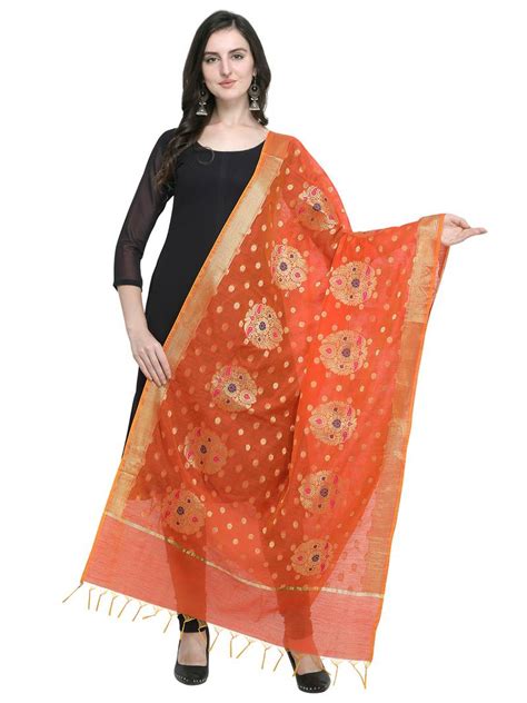 Orange Banarasi Silk Jacquard Womens Dupatta Satrani Fashion 3126653