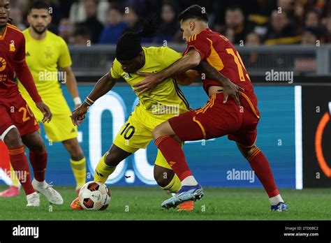 Romas Turkish Defender Zeki Celik Challenges For The Ball With Sheriff