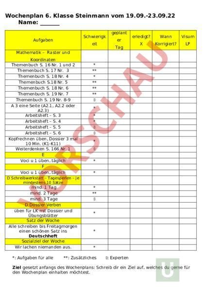 Arbeitsblatt Wochenplan Administration Methodik Unterrichtsplanung