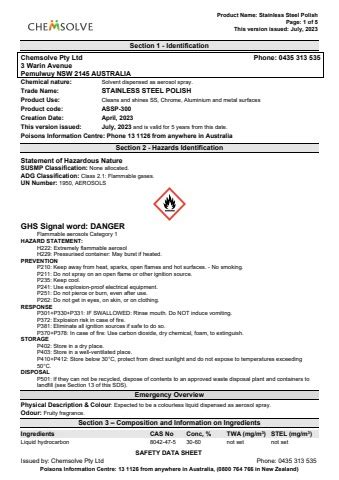 SDS Stainless Steel Polish Aerosol ASSP 300 CHEMSOLVE