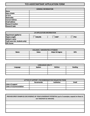 Fillable Online Tcd Ufl TCD ASSISTANTSHIP APPLICATION FORM Fax Email