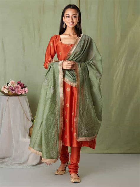 Buy Rust Hand Block Printed Chanderi Suit With Olive Green Embroidered