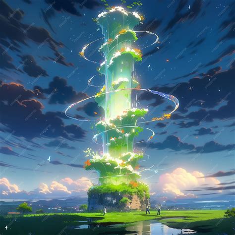 premium ai image anime style image   tall tower   tree