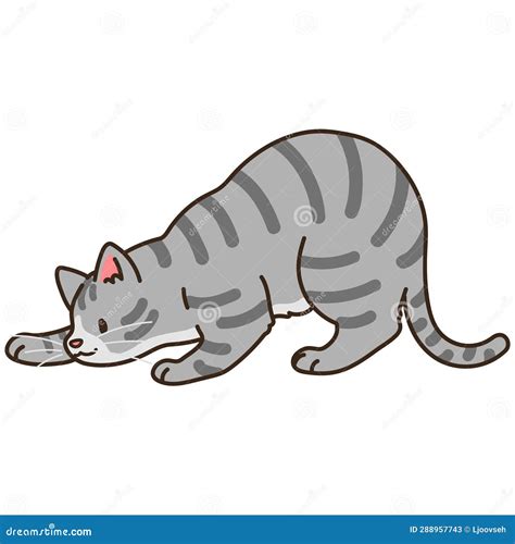 Simple And Adorable Illustration Of Grey Tabby Cat Playing And Hunting Stock Illustration