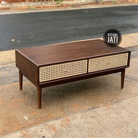 Jual Coffe Table Meja Tamu Retro Kayu Jati Laci Rotan Kab Jepara