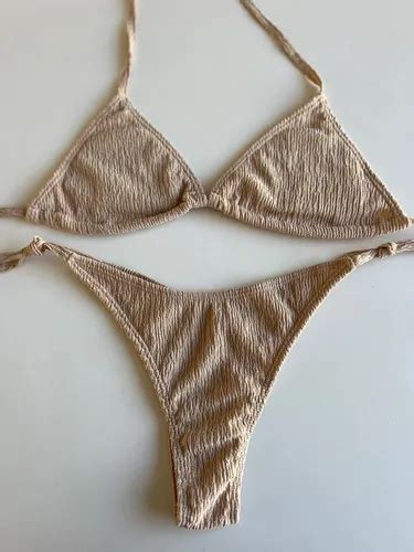 Bikini Lisa De Dos Piezas Marrón Claro Corpiño Triangulo Y Bombacha De Atar Labrada Envío gratis
