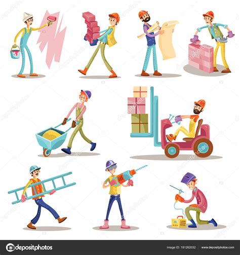 Construction Workers Vector Cartoon Funny Men Icons Set Builder