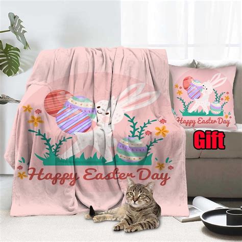 Dicasser Easter Happy Bunny Throw Blanket With Pillow Cover Plush