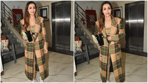 malaika arora   ord check bralette leggings  long coat