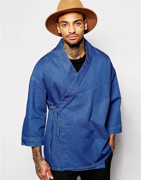 Asos Blue Denim Wrap Front Kimono Men S Denim Style Kimono Fashion