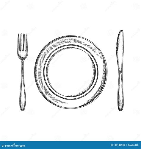 Fork Knife And A Plate Of Cutlery Vector Sketch Isolated On White