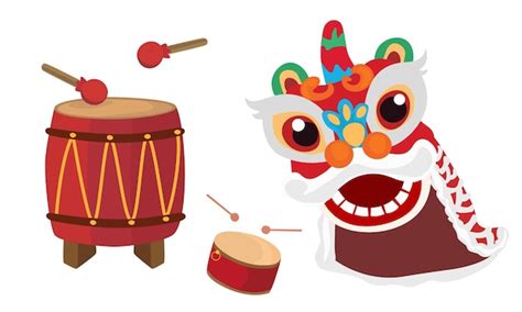 Premium Vector | Lion dance vector illustration with lion head and drum ...