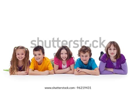 young kids laying  floor childhood stock photo edit