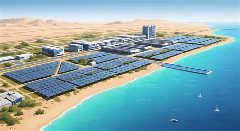 coastal solar power plant   desert landscape extensive arrays