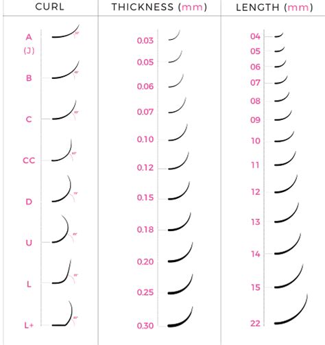 Eyelash Extension Chart Lash Curls Thicknesses Volume And Lengths