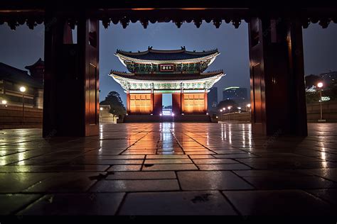 The View Of The Night From A Gate Background, Ancient Architecture ...