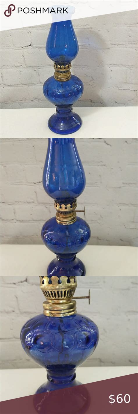 Vtg Cobalt Blue Glass Oil Lamp Lantern Honeycomb Pattern