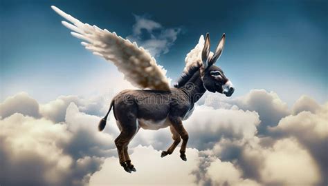 Donkey With Wings Flying Between Clouds Winged Donkey Stock