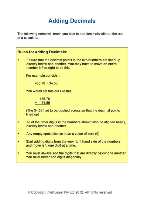 P13 13002 Med Cal Adding Decimals The Following Notes Will Teach You How To Add Decimals