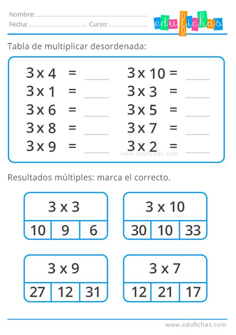 🥇 Tabla Del 3 Fichas Ejercicios Aprender A Multiplicar Gratis