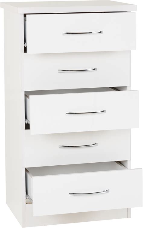 Nevada 5 Drawer Narrow Chest White Gloss