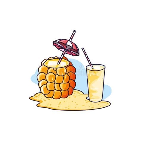 Cocktail Of Pineapple With Glass Of Juice In The Beach Stock