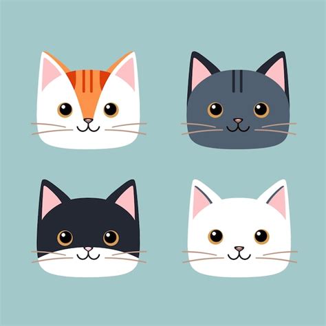 El Juego De Ilustraciones De Caras De Gato Lindas Vector Premium