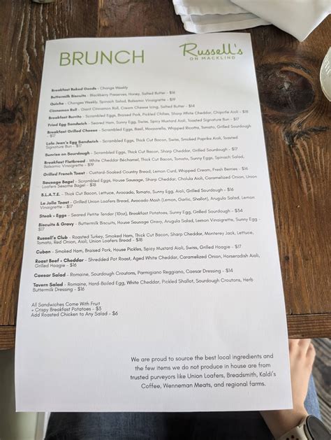 Menu at Russell's on Macklind cafe, St. Louis