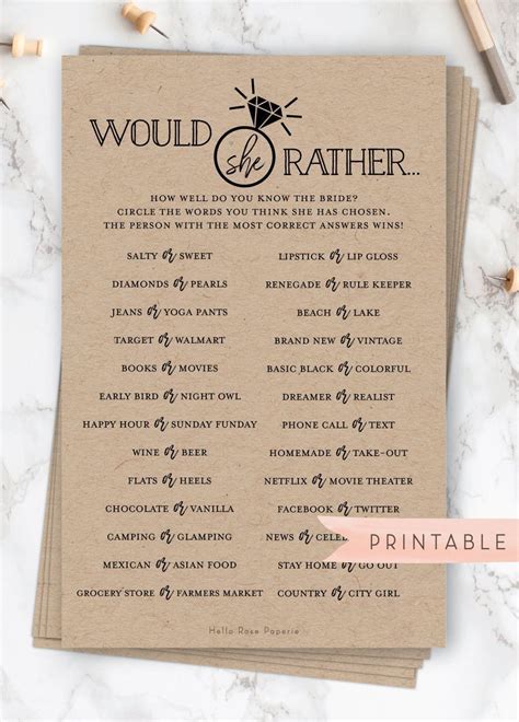 Would She Rather Virtual Printable Bridal Shower Game Who Etsy