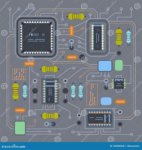 Computer IC Chip Template Microchip on Detailed Printed Circuit Board ...