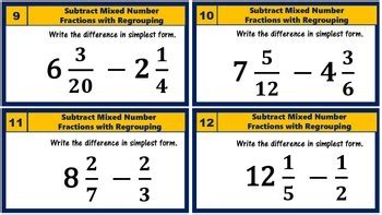 5 NF 1 Subtract Mixed Number Fractions With Regrouping Task Cards