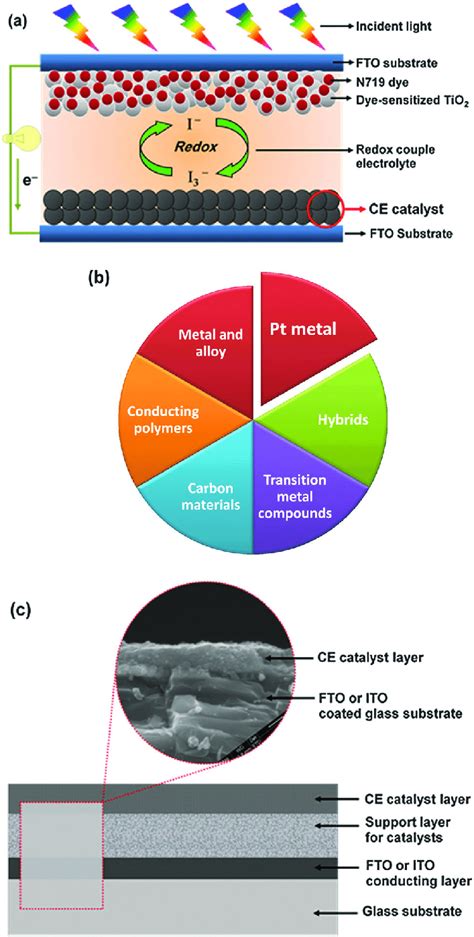 A A Schematic Illustration Of The Dssc Cell Components B Six Types Download Scientific