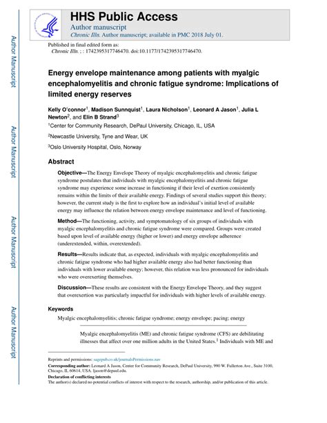 Pdf Energy Envelope Maintenance Among Patients With Myalgic Encephalomyelitis And Chronic