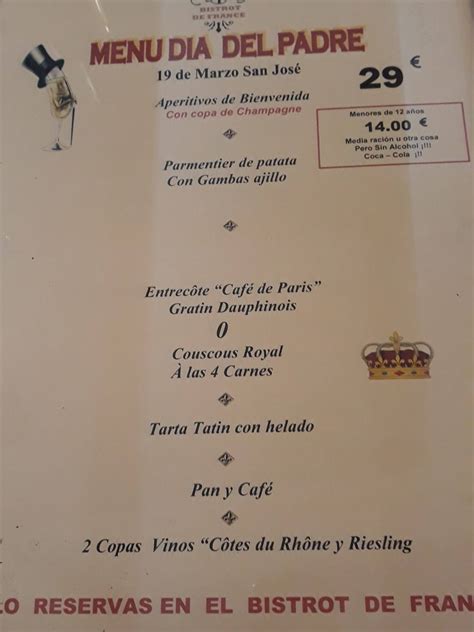 Menu at BISTROT DE FRANCE restaurant, Alicante
