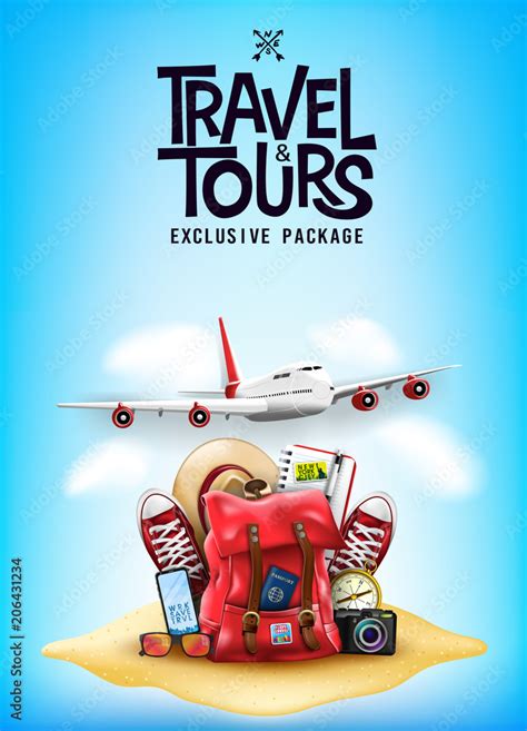 Travel and Tours Poster with 3D Realistic Travel Items Like Airplane ...