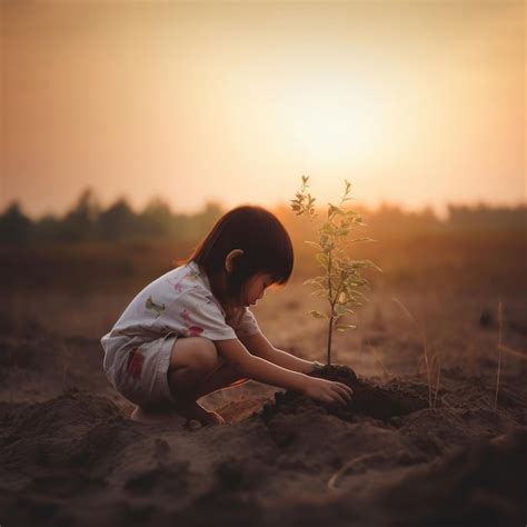 Premium Photo A Young Girl Planting A Tree In A Field