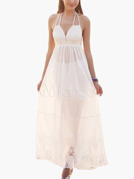 Women S White Halter Ruffles Backless Lace Summer Dress