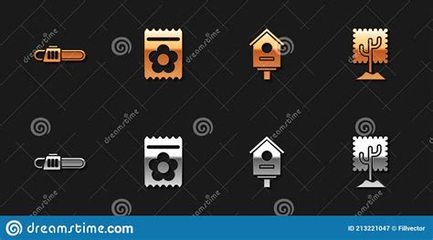 Set Chainsaw Pack Full Of Seeds Of Plant Bird House And Tree Icon